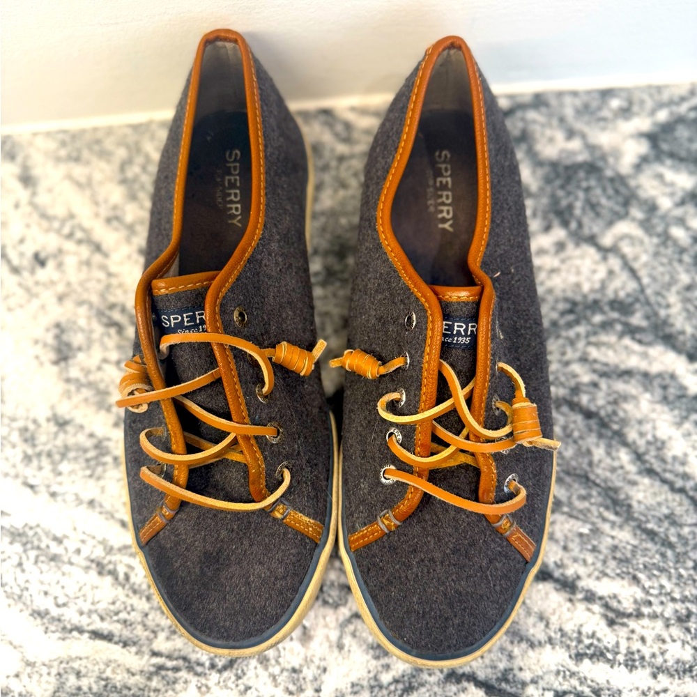 Sperry Women Seacoast Varsity Graphite Top Sider Wool Leather Lace Shoe